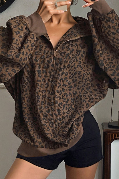 Brown Leopard Print Quarter Zip Corduroy Sweatshirt - Cowaa