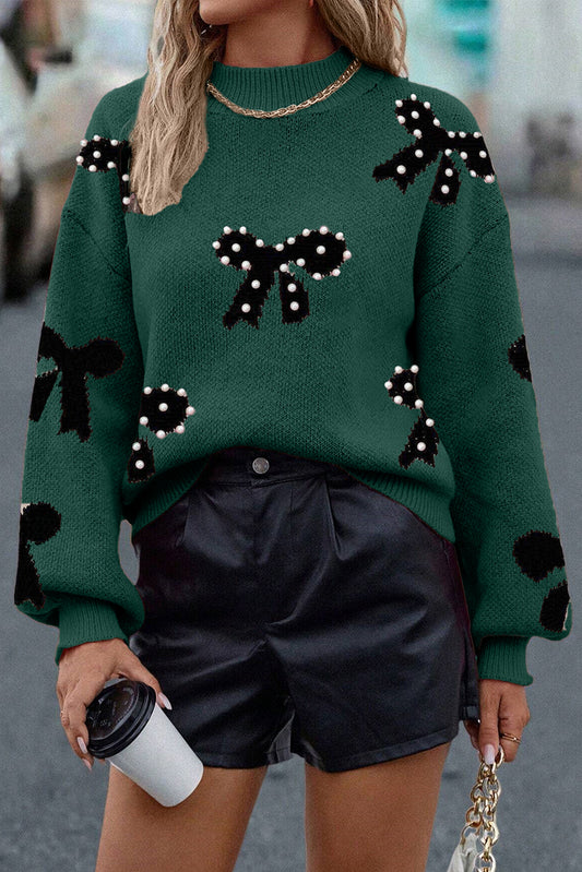 Blackish Green Pearl Embellished Bow Pattern Loose Sweater - Cowaa