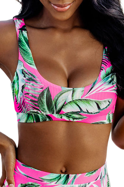 Rose Tropical Plant Print Ribbed Bikini Top - Cowaa