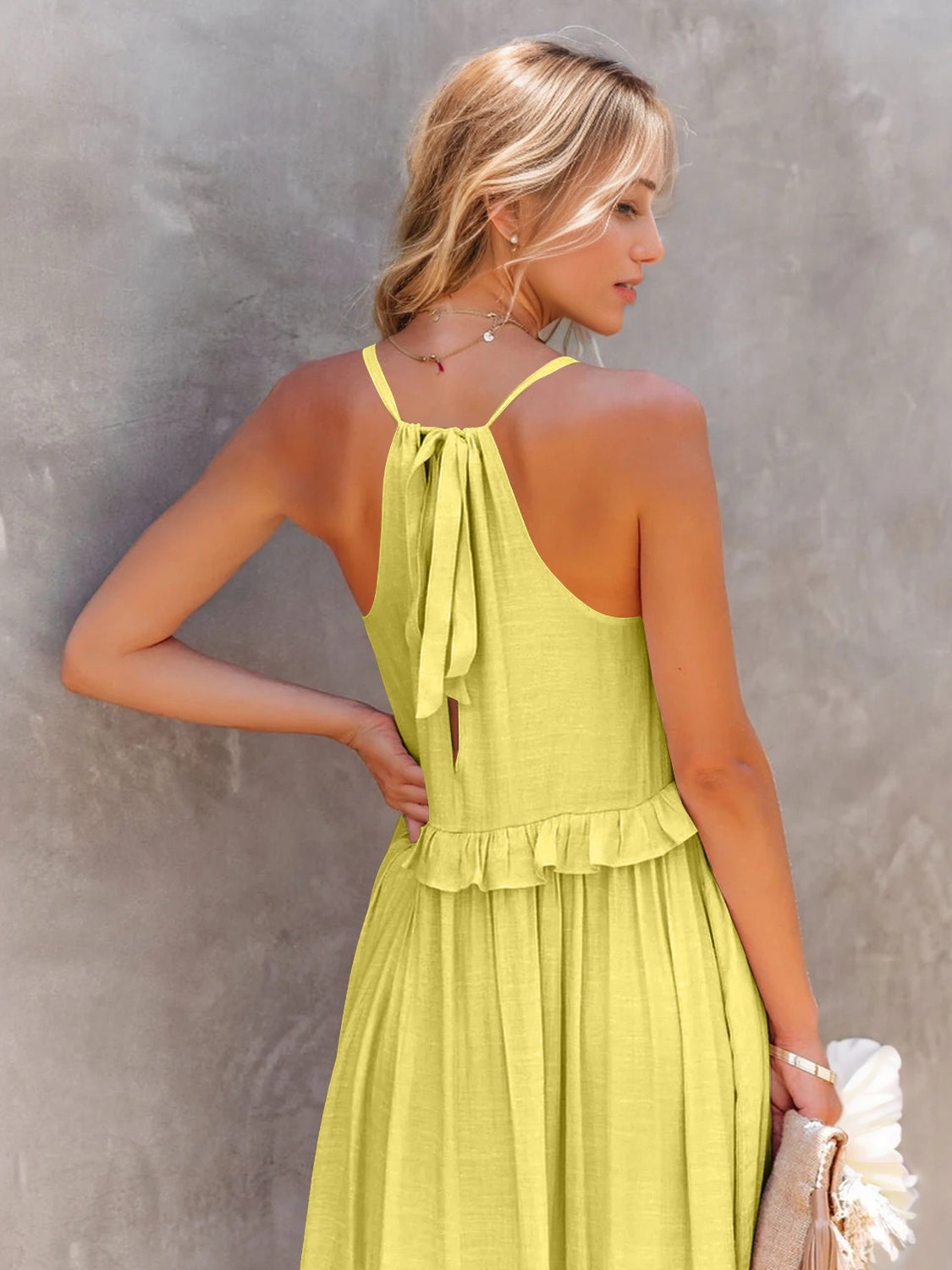 Ruffled Sleeveless Tiered Maxi Dress with Pockets - Cowaa