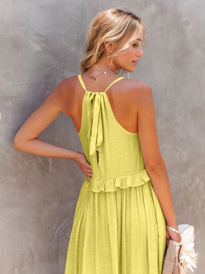 Ruffled Sleeveless Tiered Maxi Dress with Pockets - Cowaa