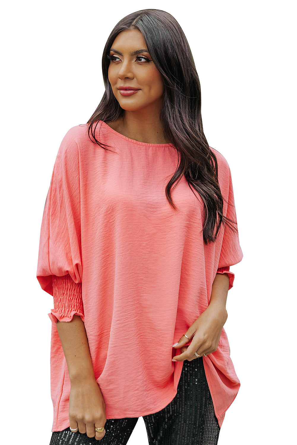 Apricot Solid Casual Smocked Cuffs Batwing Sleeve Blouse - Cowaa