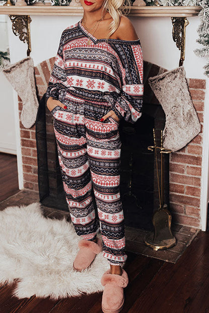 Black Retro Christmas Pattern Loose Pullover 2pcs Lounge Pant Set