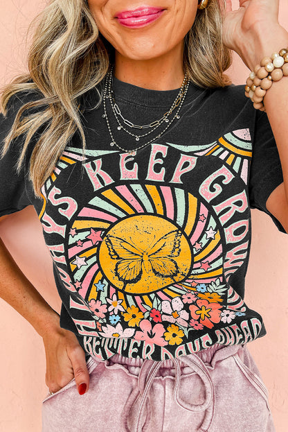 Black Always Keep Growing Butterfly Flower Graphic Tee - Cowaa
