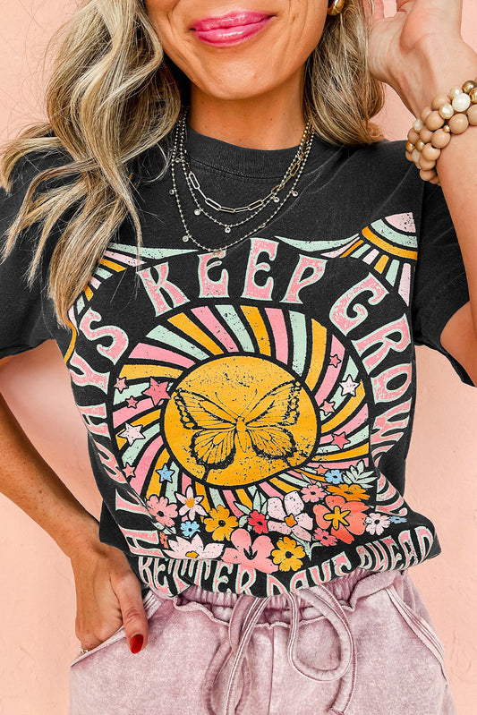 Black Always Keep Growing Butterfly Flower Graphic Tee - Cowaa