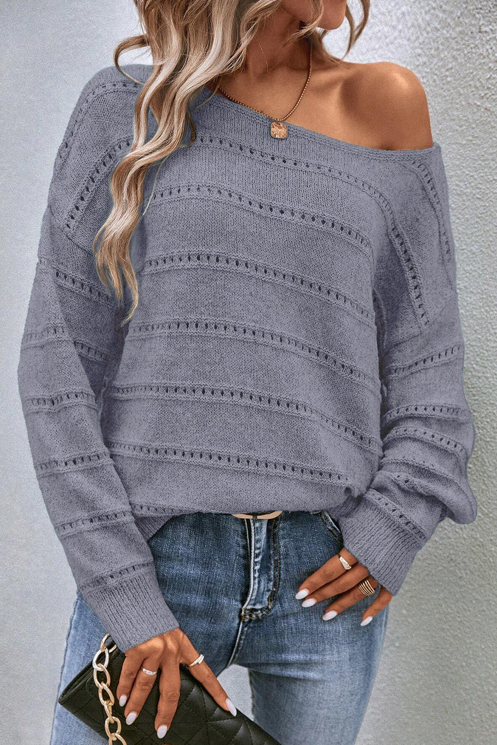 Boat Neck Drop Shoulder Pointelle Knit Sweater - Cowaa