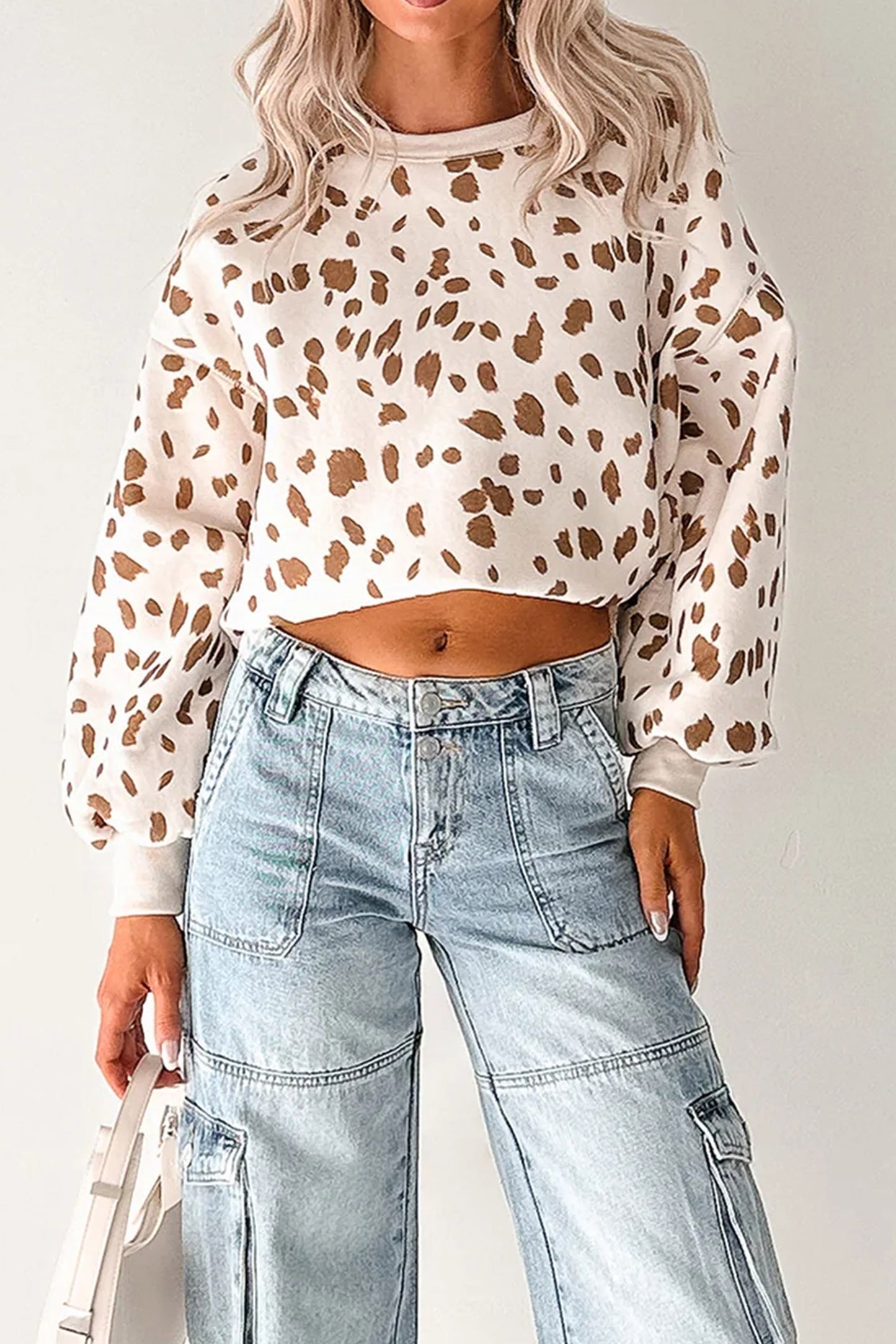 Brown Leopard Print Dropped Shoulder Round Neck Casual Sweatshirt