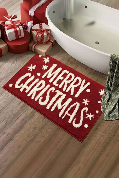 Fiery Red MERRY CHRISTMAS Plush Entrance Mat