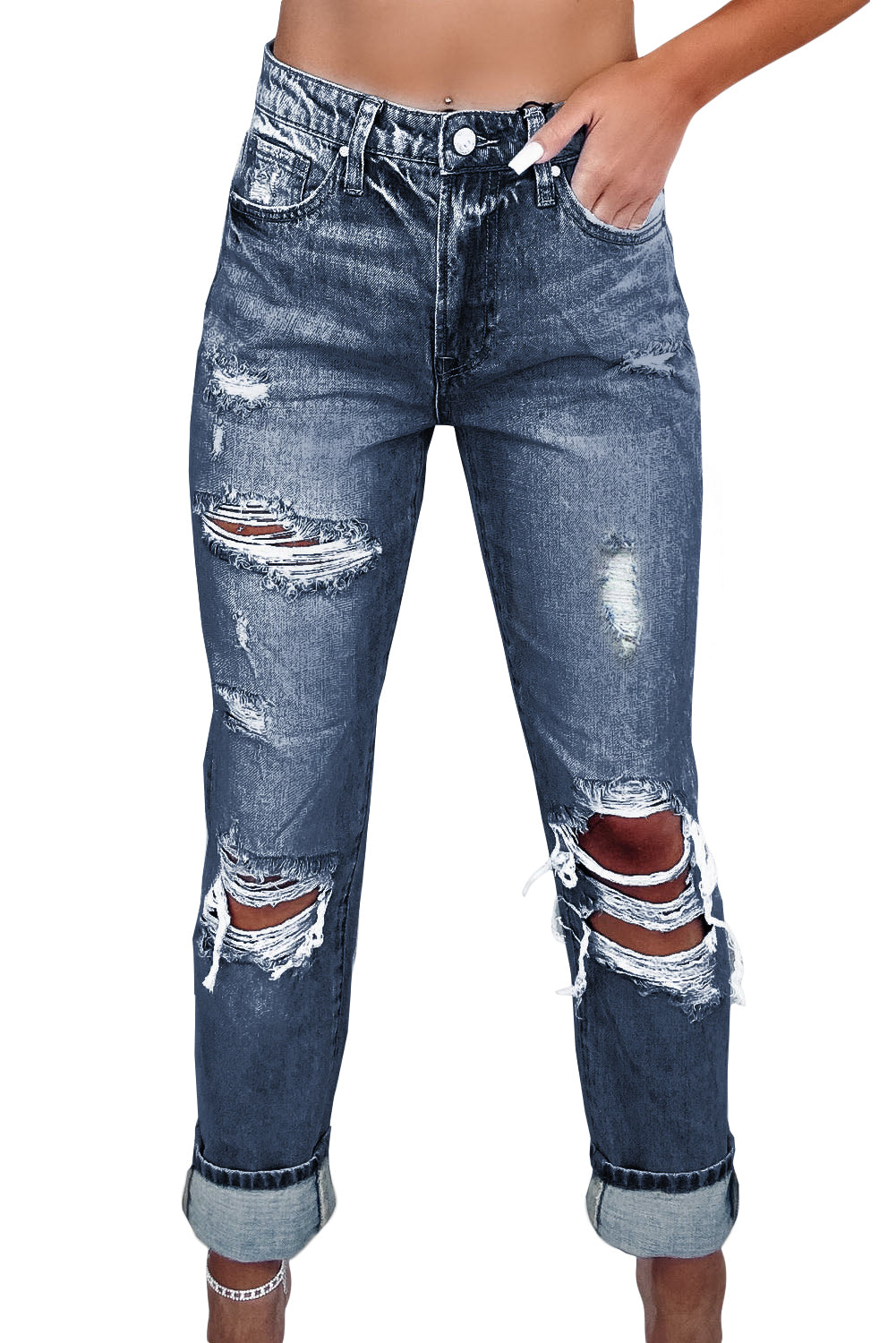 Sky Blue Light Wash Frayed Slim Fit High Waist Jeans - Cowaa