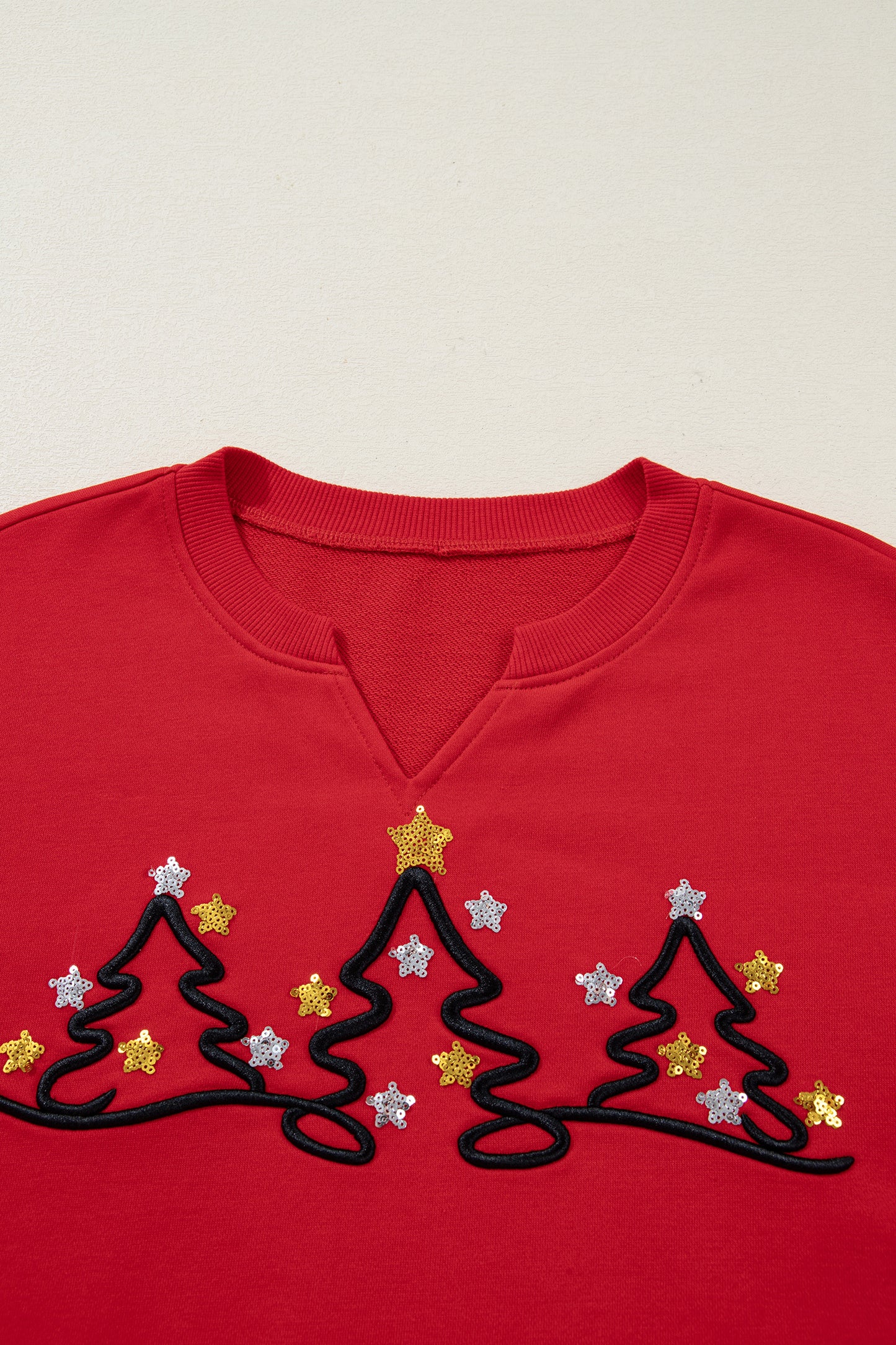 Tomato Red Christmas Tree Embroidered Notched Neck Cropped Sweatshirt