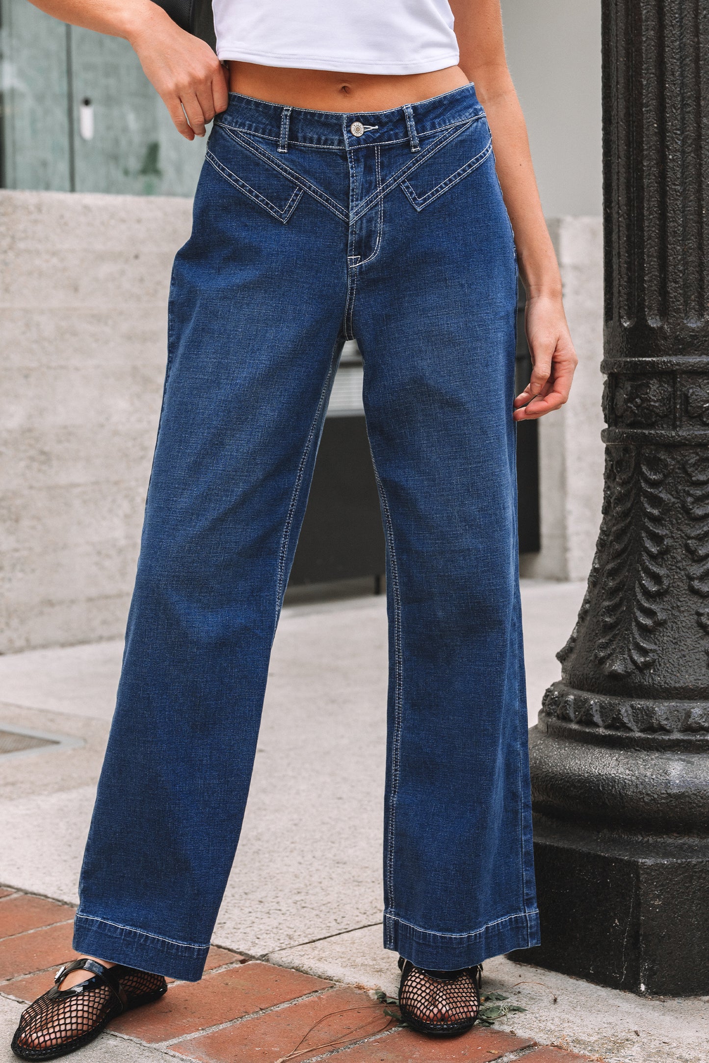 Sail Blue Stitched Waist Detail Loose Cuffed Jeans - Cowaa