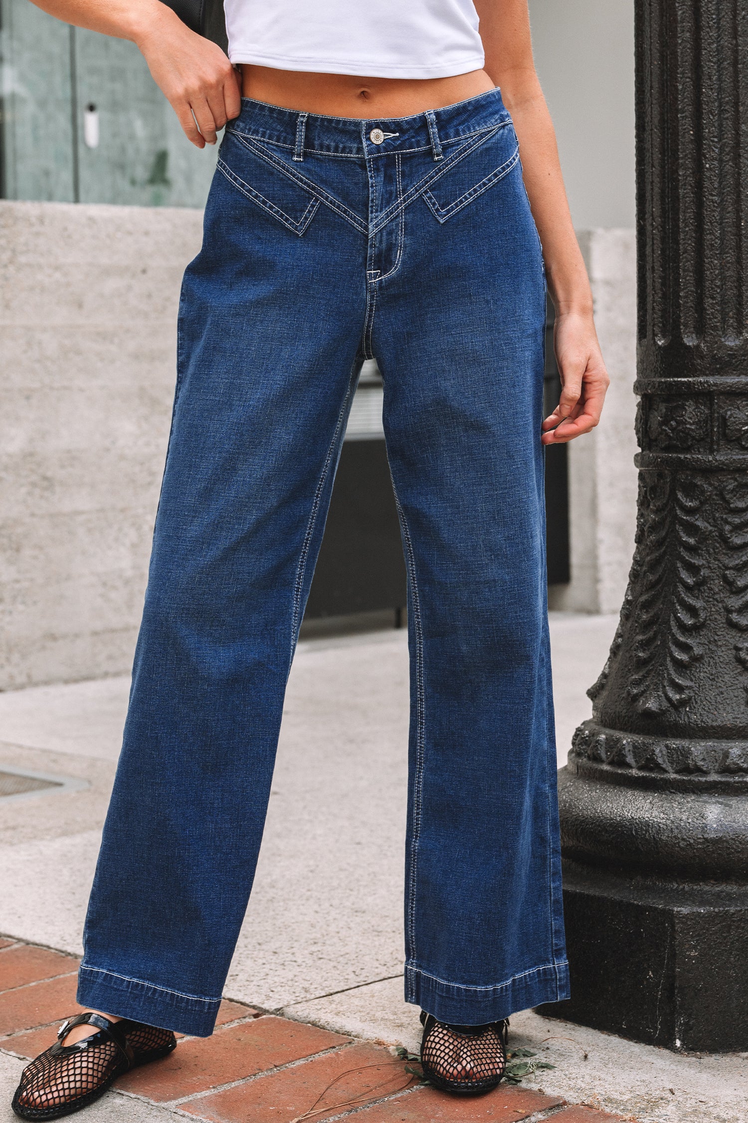 Sail Blue Stitched Waist Detail Loose Cuffed Jeans - Cowaa