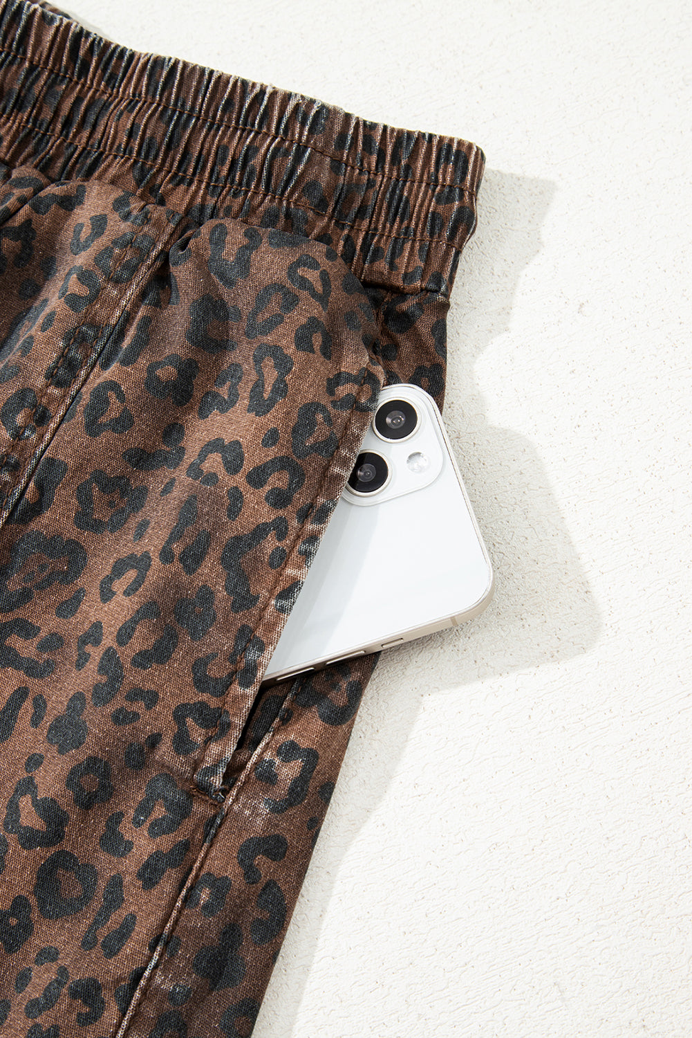 Brown Leopard Print Elastic Waist Drawstring Denim Skort - Cowaa