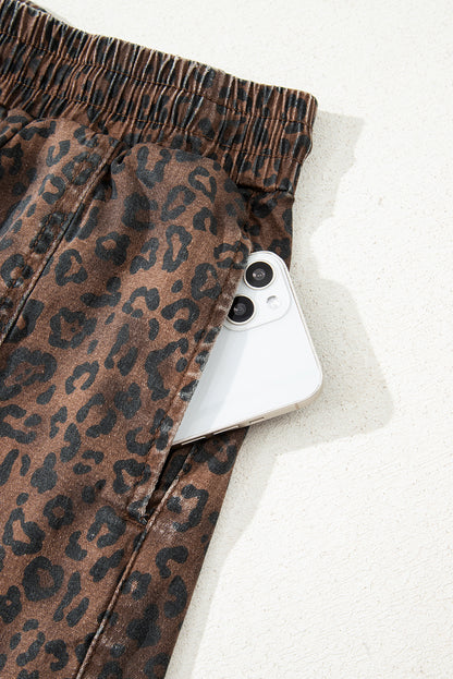Brown Leopard Print Elastic Waist Drawstring Denim Skort - Cowaa