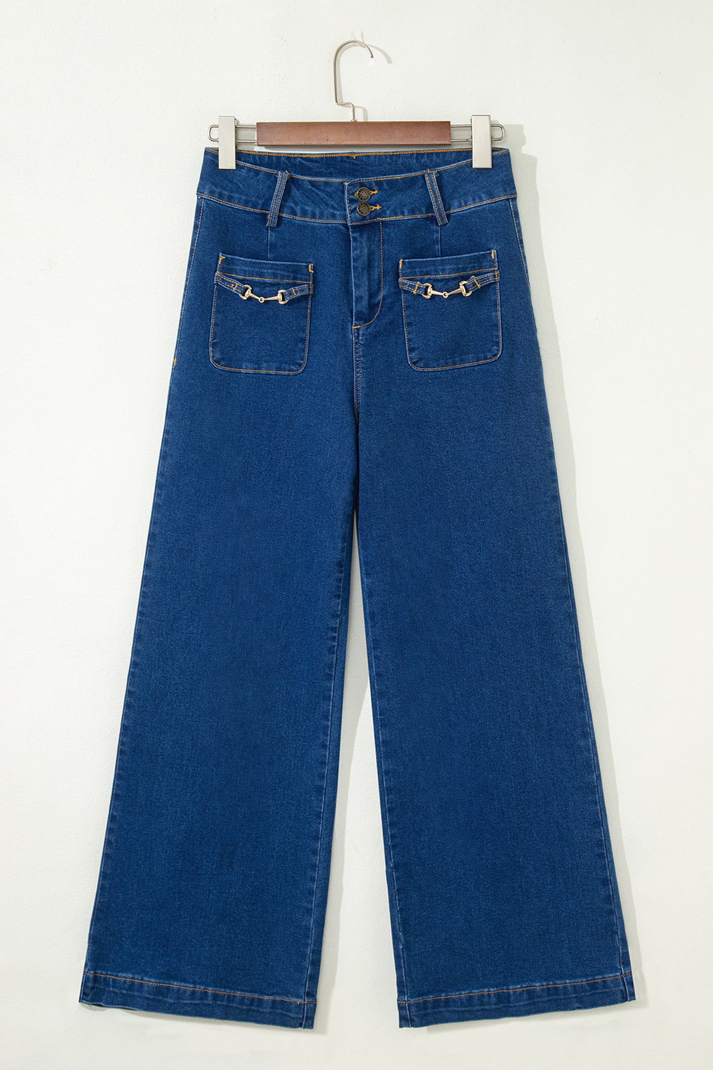 Sail Blue Hardware Decor Patched Pockets Wide Leg Denim Pants
