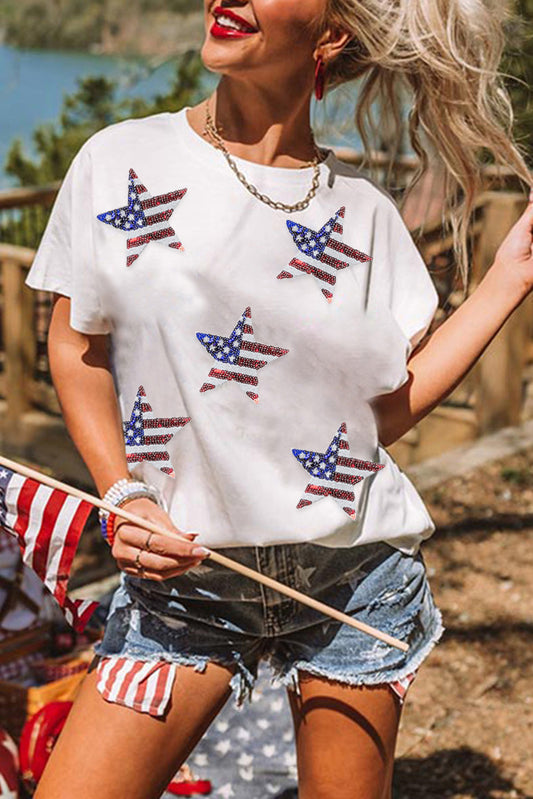 Sequin American Flag Star Graphic T Shirt - Cowaa
