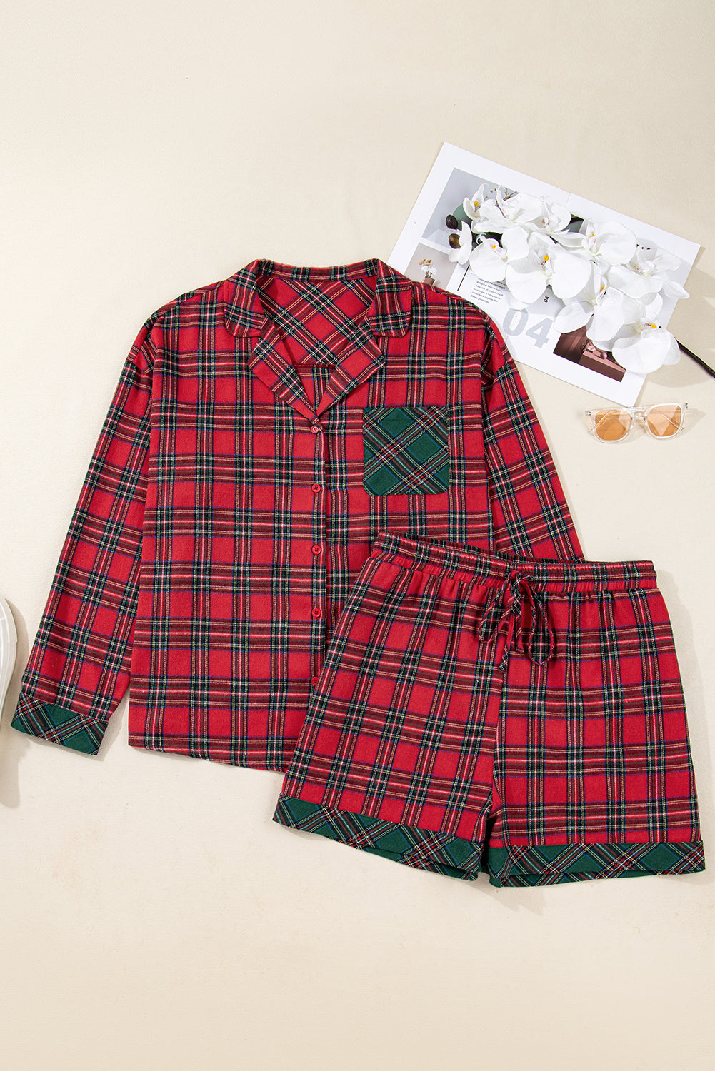 Red Plus Size Plaid Contrast Patchwork Long Sleeve Shirt and Shorts 2pcs Pajama Set - Cowaa