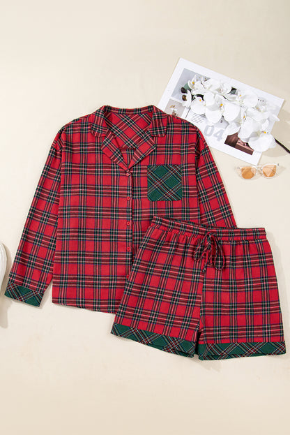 Red Plus Size Plaid Contrast Patchwork Long Sleeve Shirt and Shorts 2pcs Pajama Set - Cowaa
