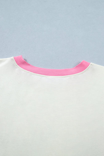 Beige Plus Size Floral Patchwork Short Sleeve Patch Embroidery Cotton T Shirt