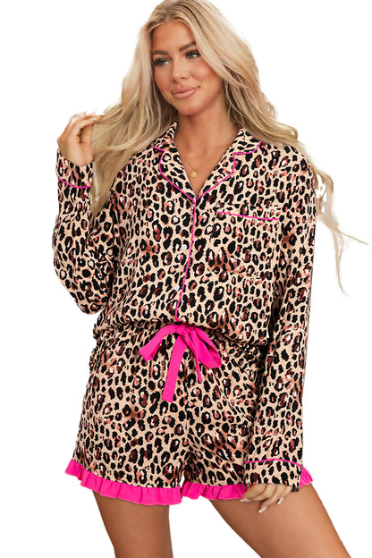 Light French Beige Leopard Print Contrast Trim Long Sleeve Shirt Drawstring Ruffle Hem Short Set