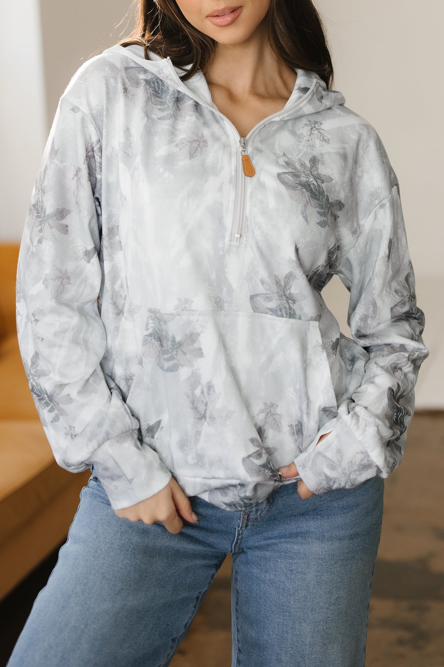 Gray Camo Leaf Print Kangaroo Pocket Quarter Zip Hoodie - Cowaa