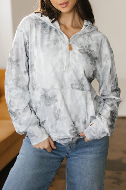 Gray Camo Leaf Print Kangaroo Pocket Quarter Zip Hoodie - Cowaa