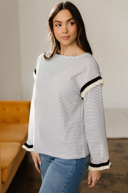White Stripe Contrasted Ruffle Trim Loose Long Sleeve Top - Cowaa