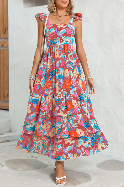 Boho Floral Print Ruffle Sleeveless Tiered Maxi Dress