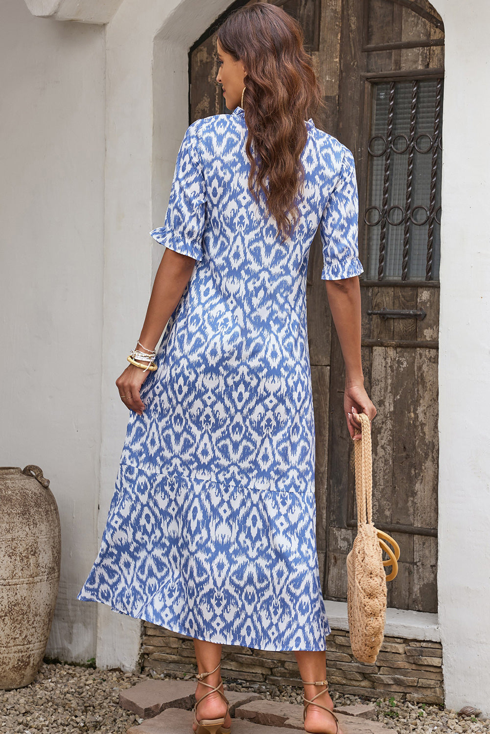 Sky Blue Geometric Print Casual V Neck Maxi Dress - Cowaa