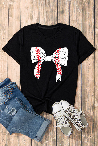 Gray Casual Baseball Bowknot Graphic Roll Up Sleeve Tee - Cowaa