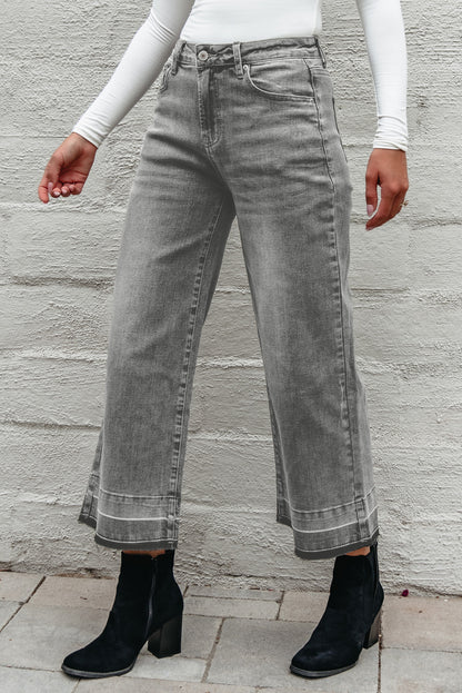 Gray Raw Hem Straight Leg Loose High Waist Jeans.