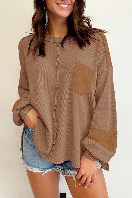Crinkle Patchwork Long Sleeve Top - Cowaa