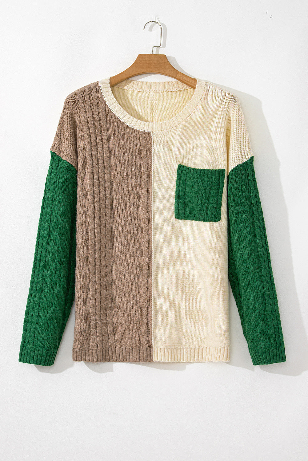 Mist Green Plus Size Cable Knit Color Block Drop Shoulder Sweater - Cowaa
