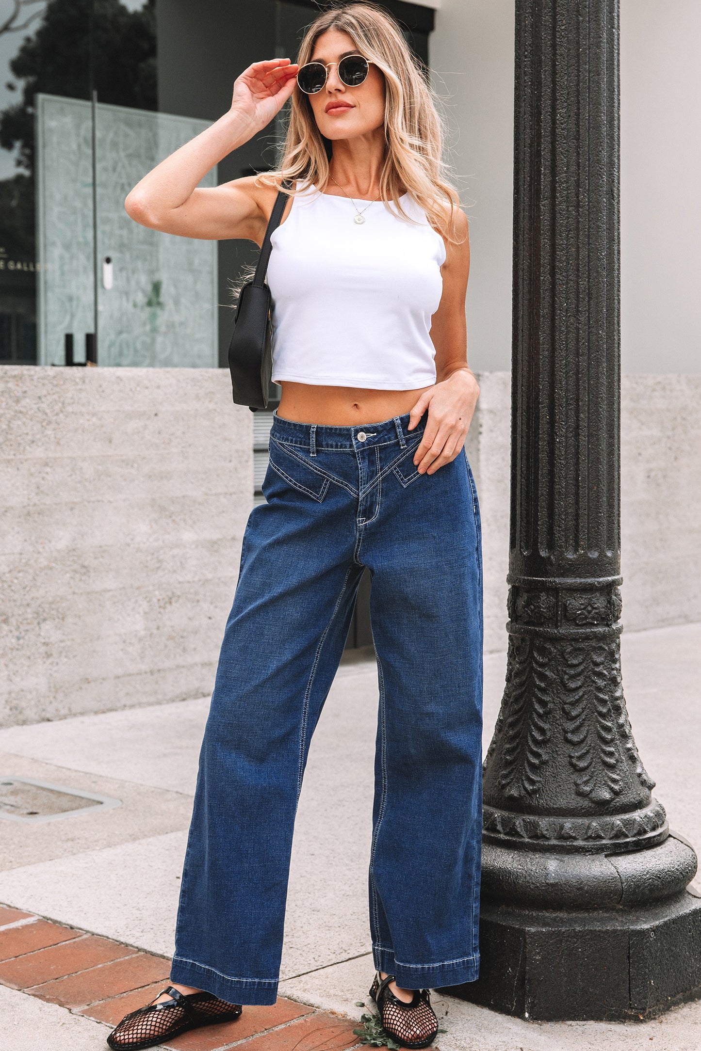 Sail Blue Stitched Waist Detail Loose Cuffed Jeans - Cowaa