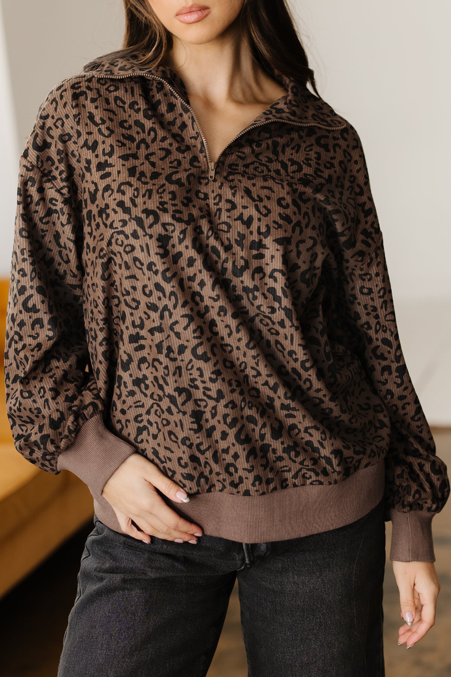 Brown Leopard Print Quarter Zip Corduroy Sweatshirt - Cowaa