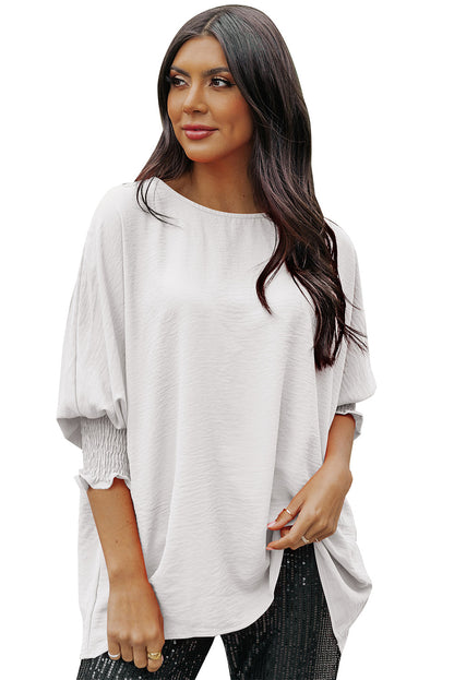 Apricot Solid Casual Smocked Cuffs Batwing Sleeve Blouse - Cowaa