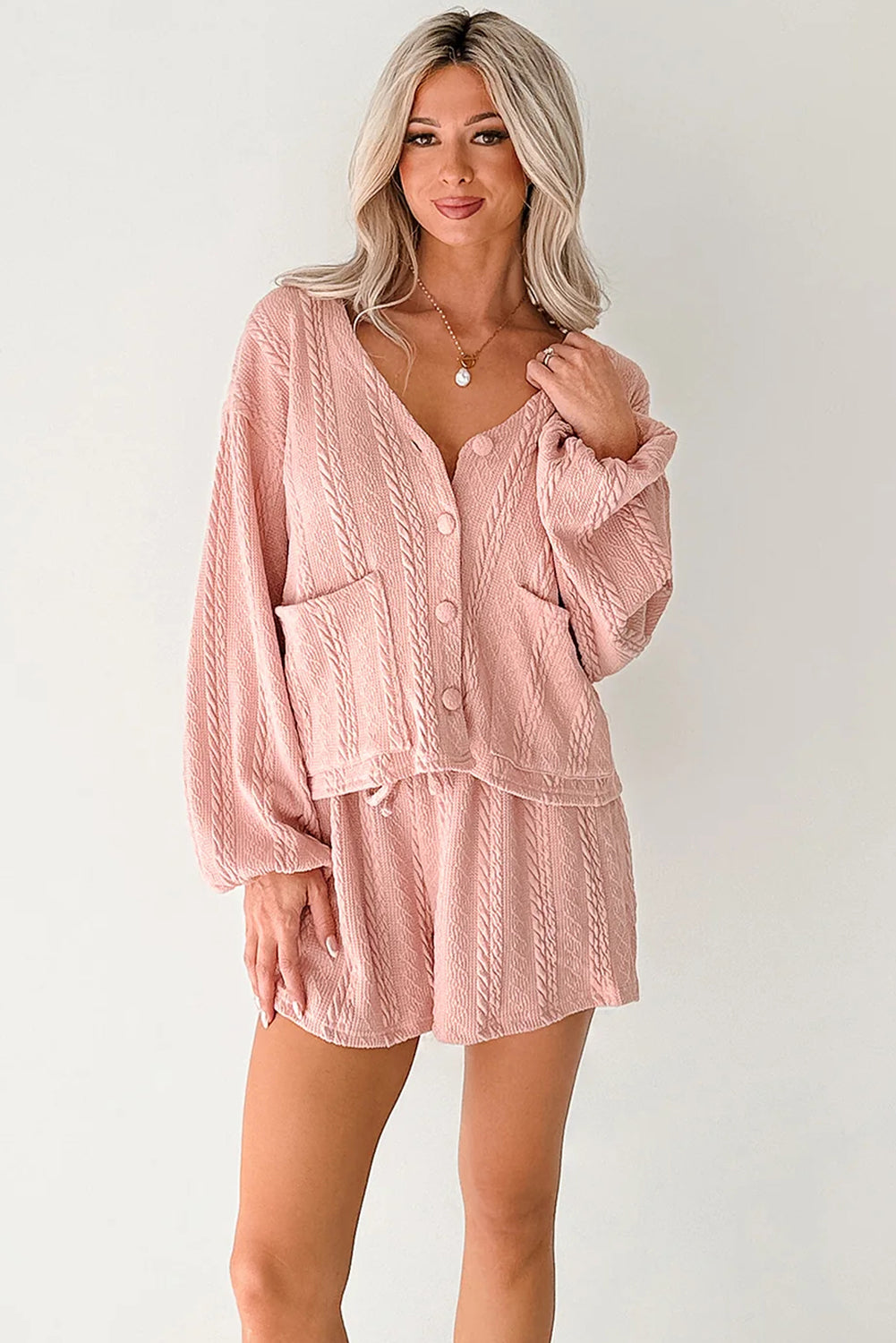 Gossamer Pink Cable Knit V Neck Cardigan Shorts Set - Cowaa