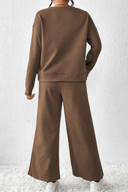 Strawberry Pink Textured Loose Slouchy Long Sleeve Top and Pants Set - Cowaa