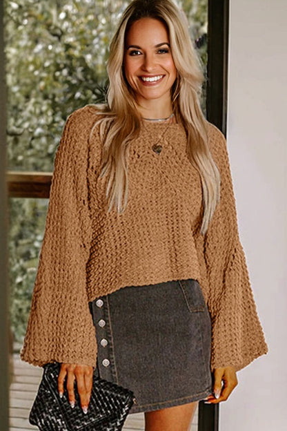 Camel Hollowed Detail Wide Sleeve Loose Pullover Sweater - Cowaa