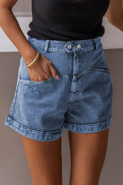 Ivy Seam Detail Pocketed Cuffed Hem Denim Shorts - Cowaa