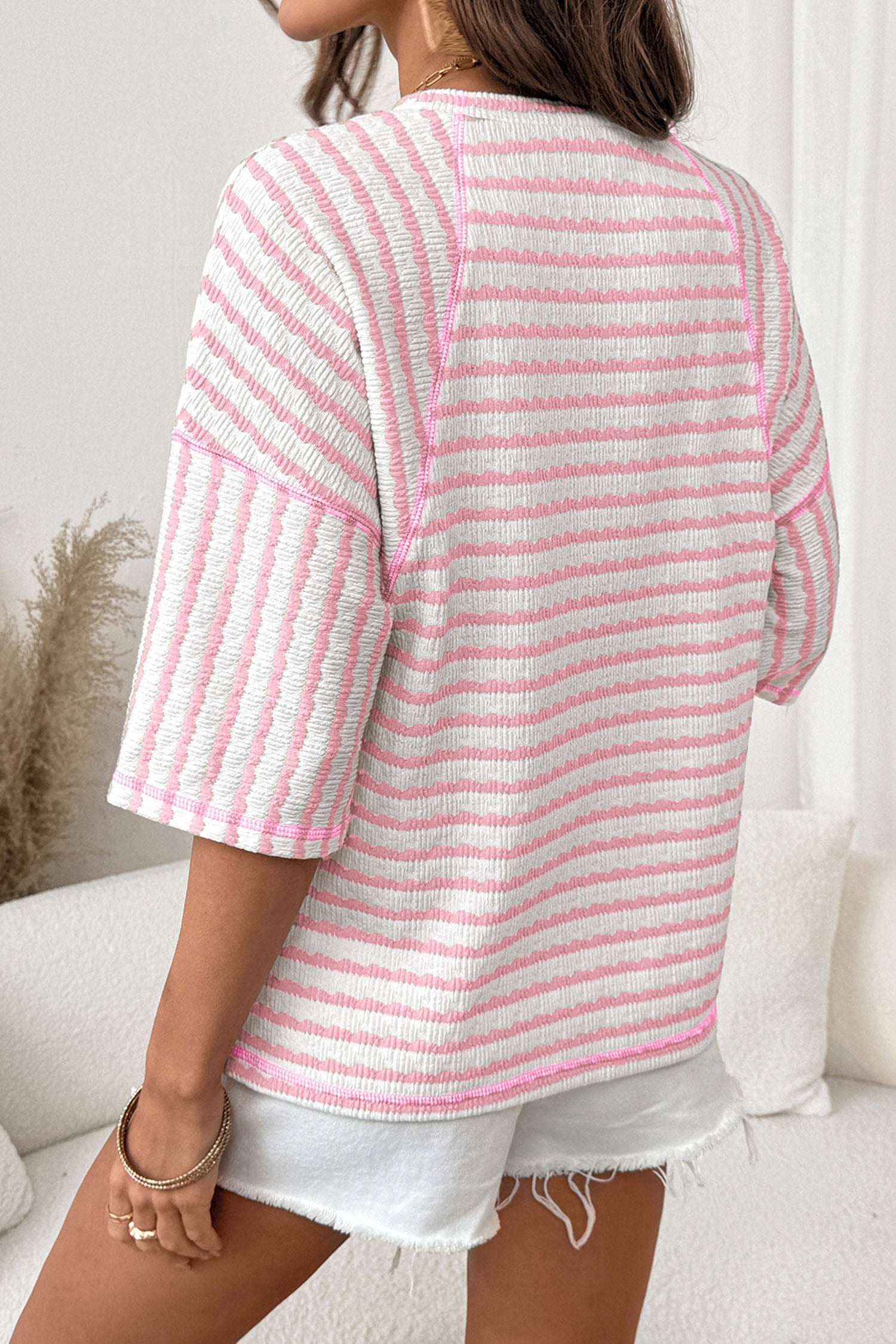 Pink Stripe Textured Knit Split Hem Half Sleeve Loose Top - Cowaa