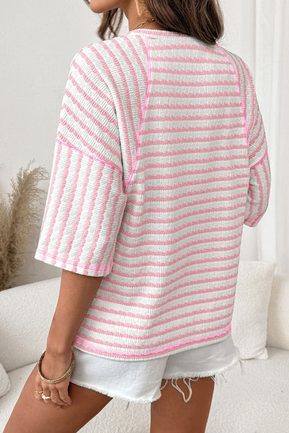 Pink Stripe Textured Knit Split Hem Half Sleeve Loose Top - Cowaa