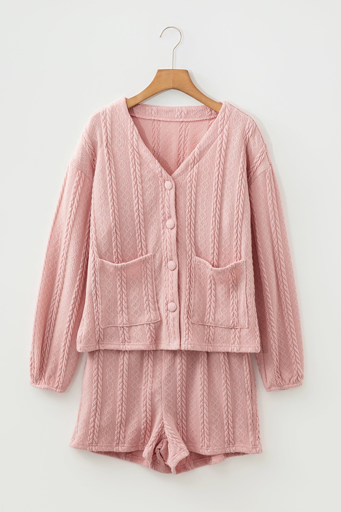 Gossamer Pink Cable Knit V Neck Cardigan Shorts Set - Cowaa