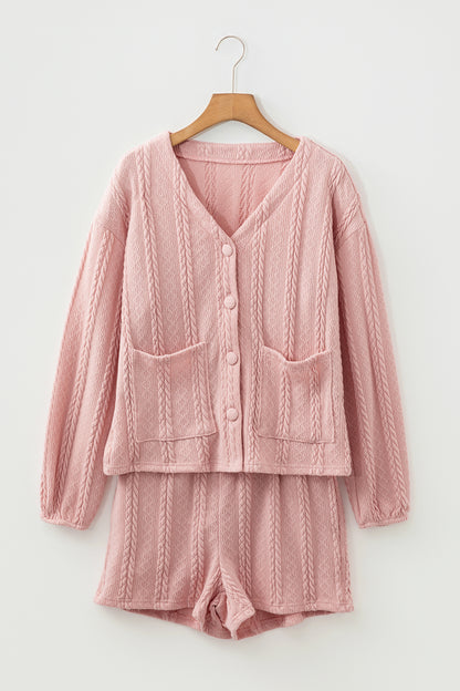 Gossamer Pink Cable Knit V Neck Cardigan Shorts Set - Cowaa
