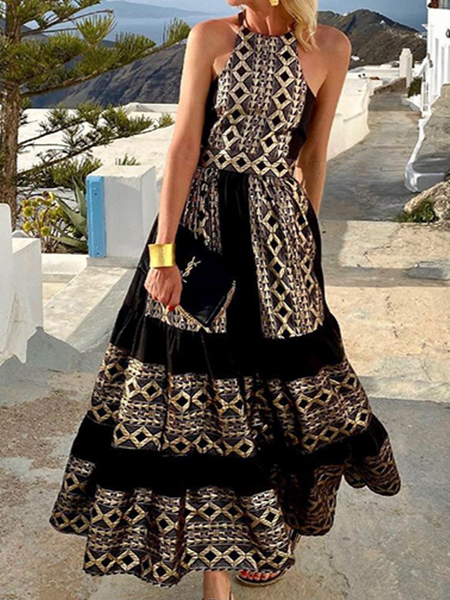 Printed Bohemian Off-The-Shoulder Maxi Dress - Cowaa