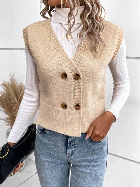 Full Size Button Up V-Neck Sweater Vest - Cowaa