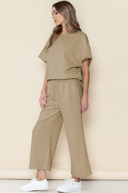 Navy Blue Textured Loose Fit T Shirt and Drawstring Pants Set - Cowaa
