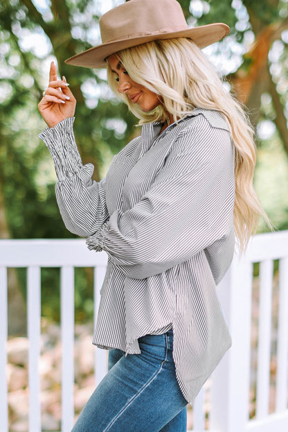 Black Striped Casual Shirred Cuffs Shirt - Cowaa