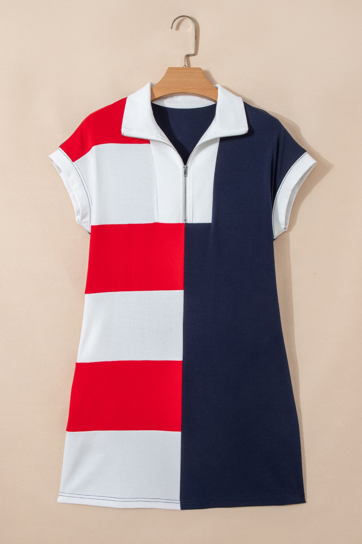 Navy Blue Americana Colorblock Stripes Zip up Collared T Shirt Mini Dress - Cowaa