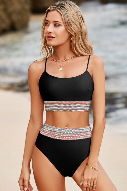 Black Striped Patchwork Spaghetti Strap High Waist Bikini Set - Cowaa